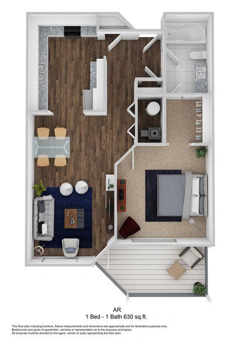 1 Bed, 1 Bath, 630 sq. ft. AR floor plan